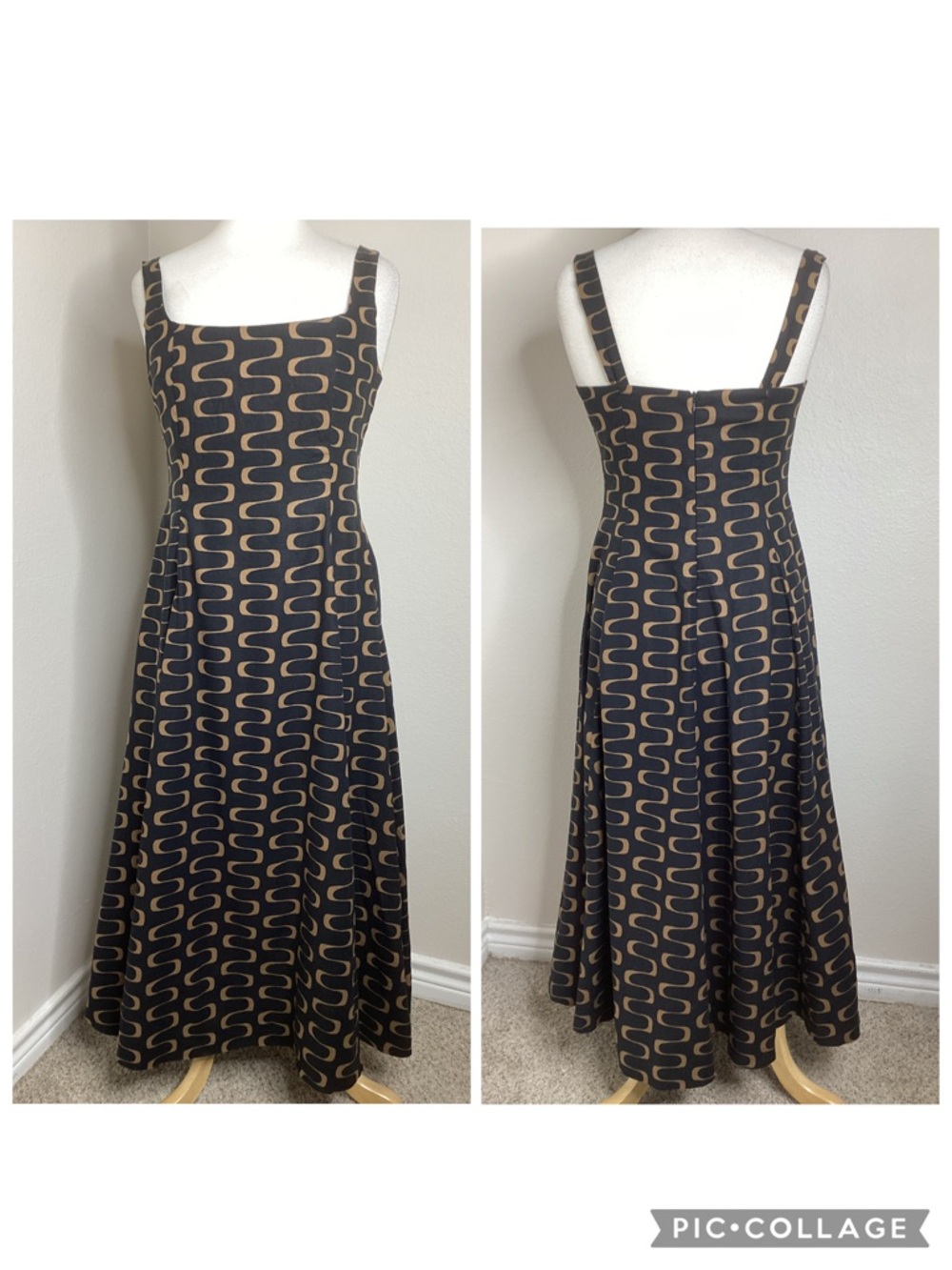 Christian Lacroix Linen Blend Black Brown Geometric Midi Dress Mid Mod Sz 8